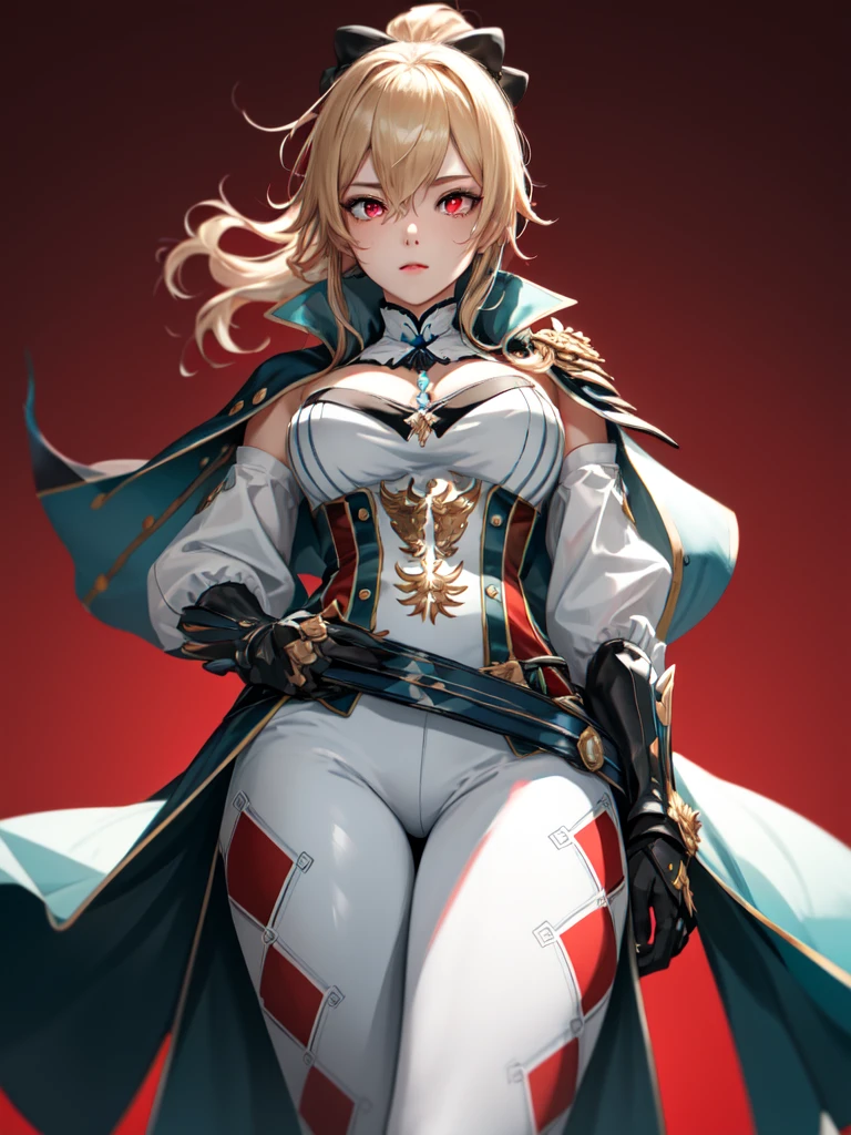 1girl, solo, jeandef, large breasts, thighs, crotch, standing, (glowing red eyes), (from below view), red background