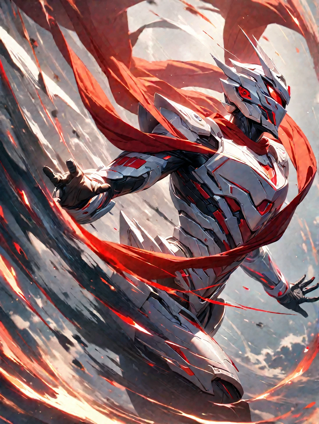 8K resolution, ((highest quality)), ((masterpiece)), ((super detailed)), (very delicate and beautiful), Kamen Rider, Hero, ((Wearing white armor))), with black red armor, wearing a red scarf, A red scarf is waving in the wind, special effects, cool, whole body, dynamic poses,(( close up)), male, man