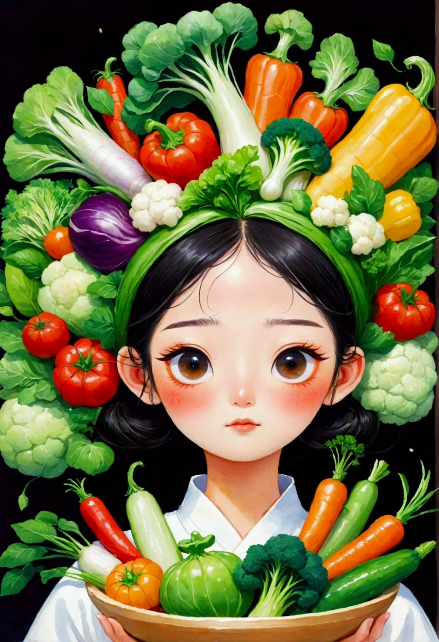 There is a girl with a bunch of vegetables on her head, Amazing food illustrations, author Kim Hwan-gi, author Tan Ting-pho, Li Song, author:Toth Wu, author Kim Jeong-hui, Cute illustrations, author Ryan Yee, author:Kim Eung-hwan, author Jang Seung-eop, author:Naohisa Inoue, Ni Duan