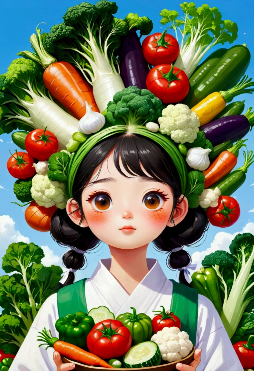 There is a girl with a bunch of vegetables on her head, Amazing food illustrations, author Kim Hwan-gi, author Tan Ting-pho, Li Song, author:Toth Wu, author Kim Jeong-hui, Cute illustrations, author Ryan Yee, author:Kim Eung-hwan, author Jang Seung-eop, author:Naohisa Inoue, Ni Duan