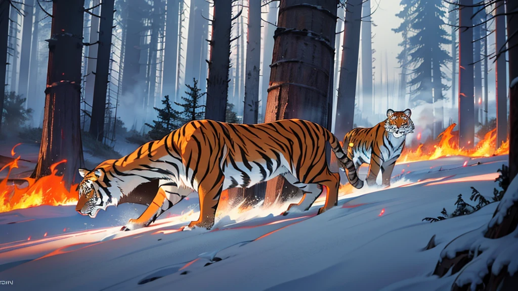 A Siberian taiga forest with smoke and flames from wildfires. Include charred trees and animals like Siberian tigers fleeing from the fire