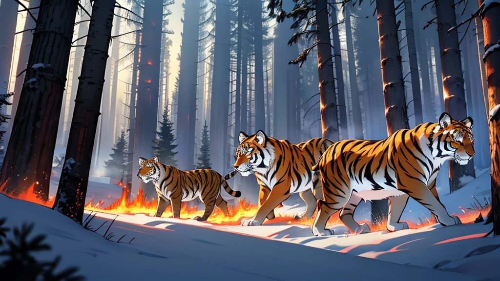 A Siberian taiga forest with smoke and flames from wildfires. Include charred trees and animals like Siberian tigers fleeing from the fire