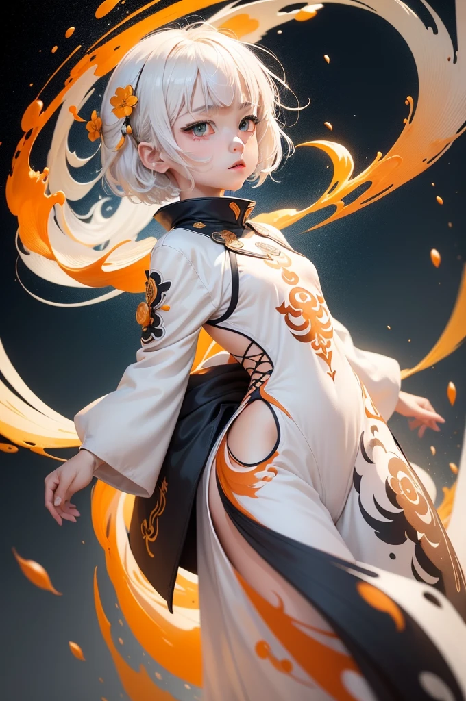 1 girl, solo, A look at the audience, short white hair, vortex, white chinese clothes, ink splash: Honey, Scarlet , orange, milky shades, kung fu, Floating water, Space, Simple background, (Masterpiece, Best Quality, Very detailed CG), (( colored ink)))), ((Highly detailed ink background)), ((flat color)), {{ink splash}},.