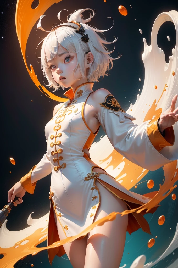 1 girl, solo, A look at the audience, short white hair, vortex, white chinese clothes, ink splash: Honey, Scarlet , orange, milky shades, kung fu, Floating water, Space, Simple background, (Masterpiece, Best Quality, Very detailed CG), (( colored ink)))), ((Highly detailed ink background)), ((flat color)), {{ink splash}},.