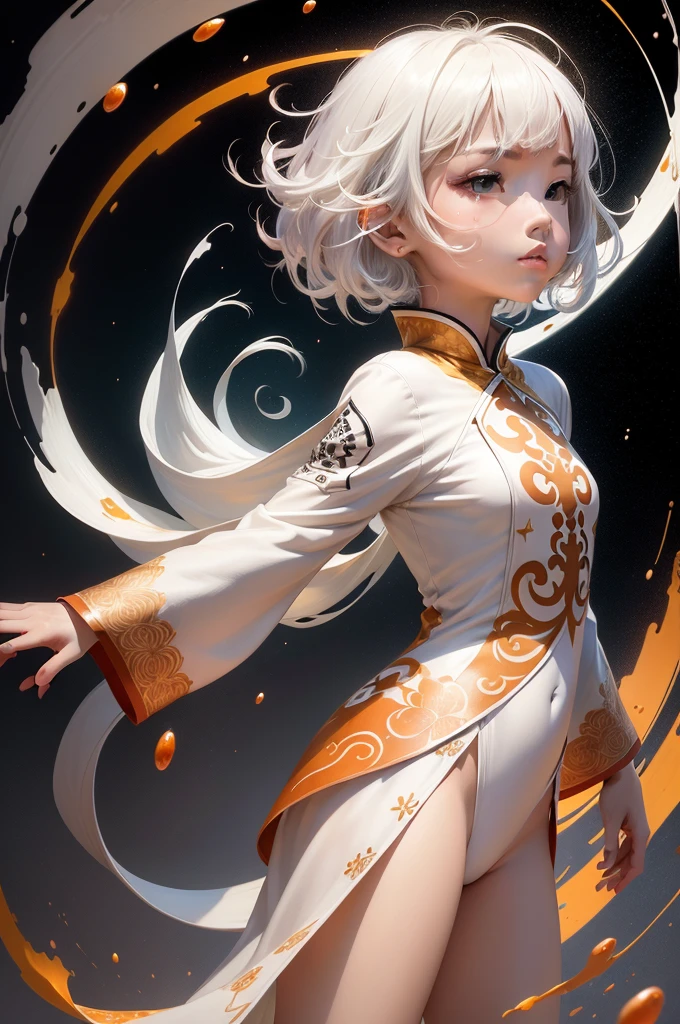 1 girl, solo, A look at the audience, short white hair, vortex, white chinese clothes, ink splash: Honey, Scarlet , orange, milky shades, kung fu, Floating water, Space, Simple background, (Masterpiece, Best Quality, Very detailed CG), (( colored ink)))), ((Highly detailed ink background)), ((flat color)), {{ink splash}},.