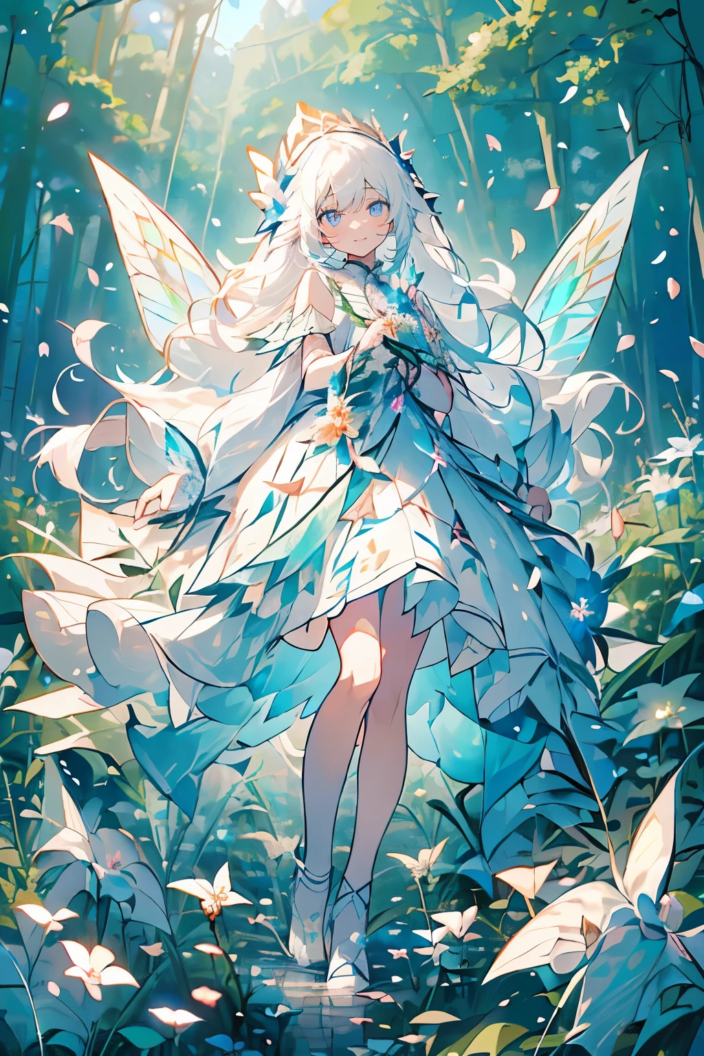 (Mastepiece), (Best Quality), Very detailed, 1 girl, Solo full body shot, Perfect Face, beautiful girl, Very detailedな顔,(Long white hair:1.5),(blue eyes:1.4),(Lots of butterflies々:1.2)、(forest、Flower Field:1.4)、(Lots of petals:1.3)、(gem:1.3)、(smile:1.3)、Fairy、
