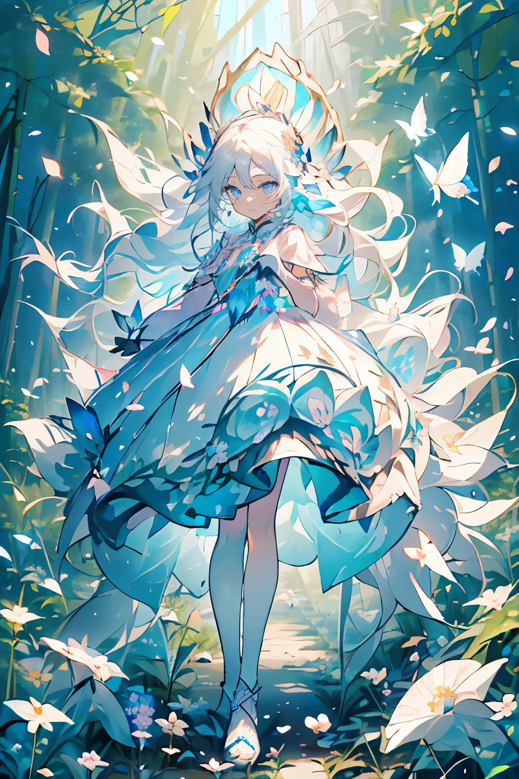 (Mastepiece), (Best Quality), Very detailed, 1 girl, Solo full body shot, Perfect Face, beautiful girl, Very detailedな顔,(Long white hair:1.5),(blue eyes:1.4),(Lots of butterflies々:1.2)、(forest、Flower Field:1.4)、(Lots of petals:1.3)、(gem:1.3)、(smile:1.3)、Fairy、