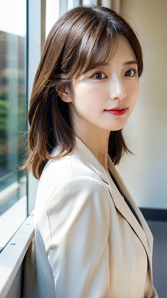 (8k, highest quality, masterpiece: 1.2), Super detailed, highest quality, Ultra-high resolution, Depth of written boundary,(Super detailedな,Caustics),(Photorealistic:1.4,RAW shooting,)Ultra-Realistic Capture,(Very detailed,High definition 16K for human skin,The skin texture is natural,Skin appears even-toned and healthy),(Use natural light and colour,One Woman Wide Lighting,Natural Shading),Japanese,1 woman, Beautiful Eyes, Short, Brown hair, Showing forehead, Mature hairstyle, **White business suit, Facing forward, Upper body facing forward**, Office wear, Office environment, (Natural light:1.4)
