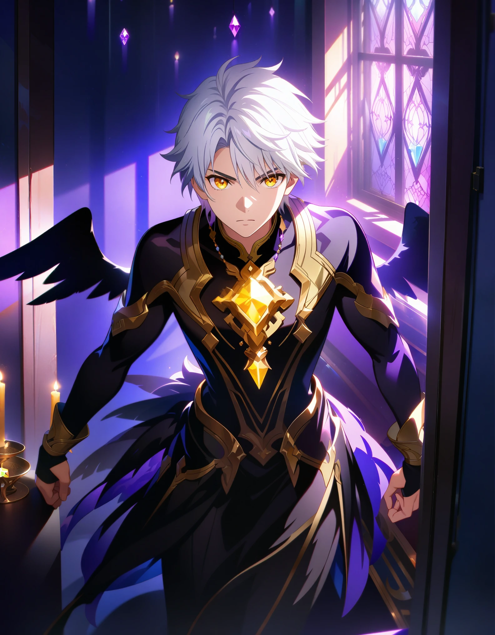 masterpiece, best quality, Detailed eyes, detailed face, Solo, Male, solo man, ((man)), 1man, athletic build, Aasimar, short hair, ((White Hair)), golden eyes, ((gold eyes)), black silhouette, ((like heartless sora)), Gold Trim, wearing a crystal necklace, (((purple crystal))), wings, angle wings, ((black wings)), nothing infront of main character, (light coming from behind window), candles in background, (full body portrait), standing pose, action pose with hands infront, (facing viewer), (extremely detailed CG unity 8k wallpaper), (best quality), (best illustration), (best shadow), absurdres, realistic lighting, Dynamic lighting,