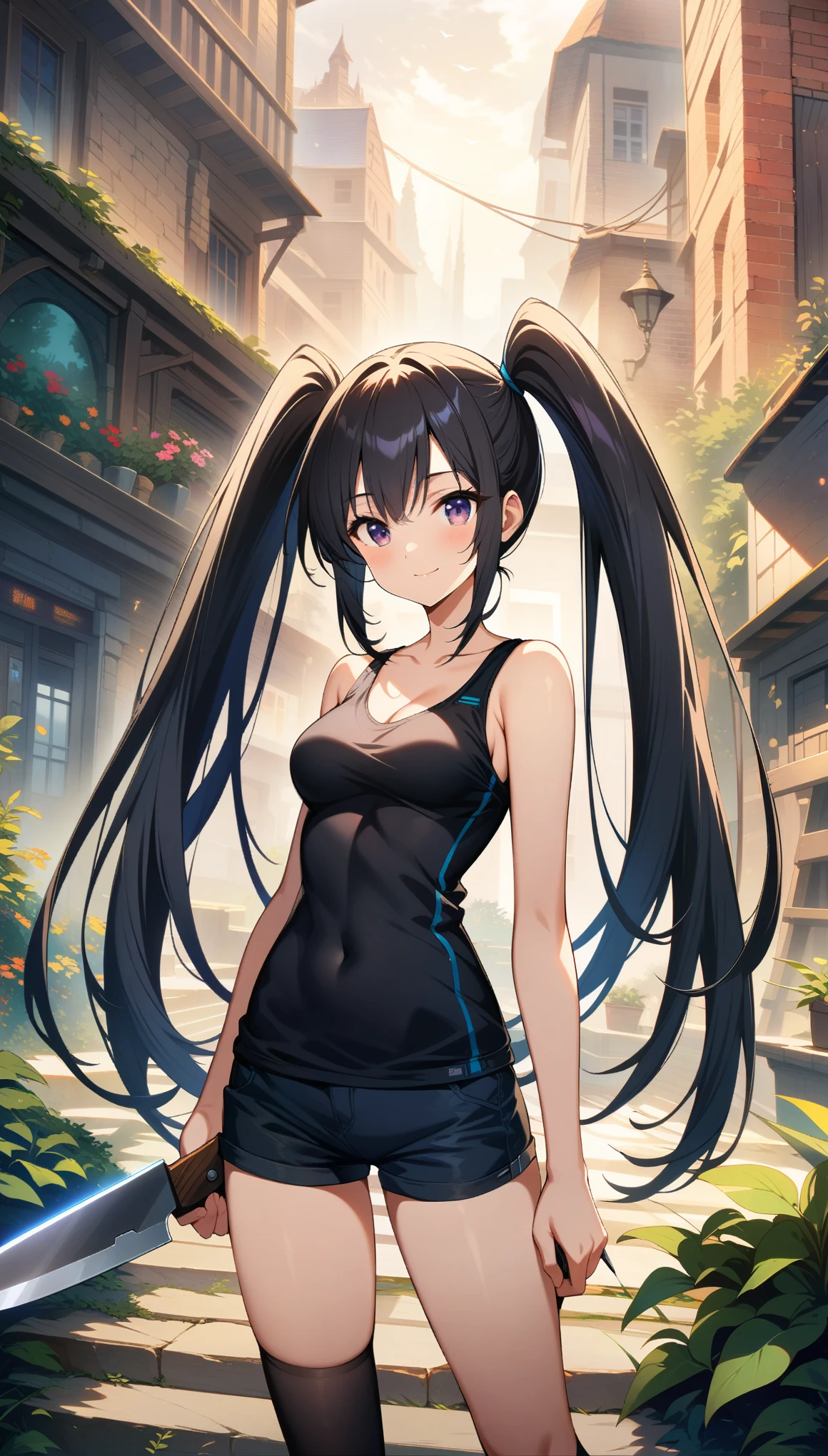 1 girl, , gray eyes, very long hair, twintail, black hair, (SLENDER), cowboy shot, black tank top, Black shorts, black over-the-knee socks, (black underwear), ((medium breasts)), ((skindantation)), (ideal ratio body proportions), ((outdoor)), ((from front)), (((looking at viewer))), smile, ((with knife in hand)), cowboy shot, ((32k)), ((best quality)), ((ultra high res)), ((HDR)), ((UHD)), ((extremely detailed CG)), ((unity 32k wallpaper)), ((perfect anatomy)), (((game cg))),