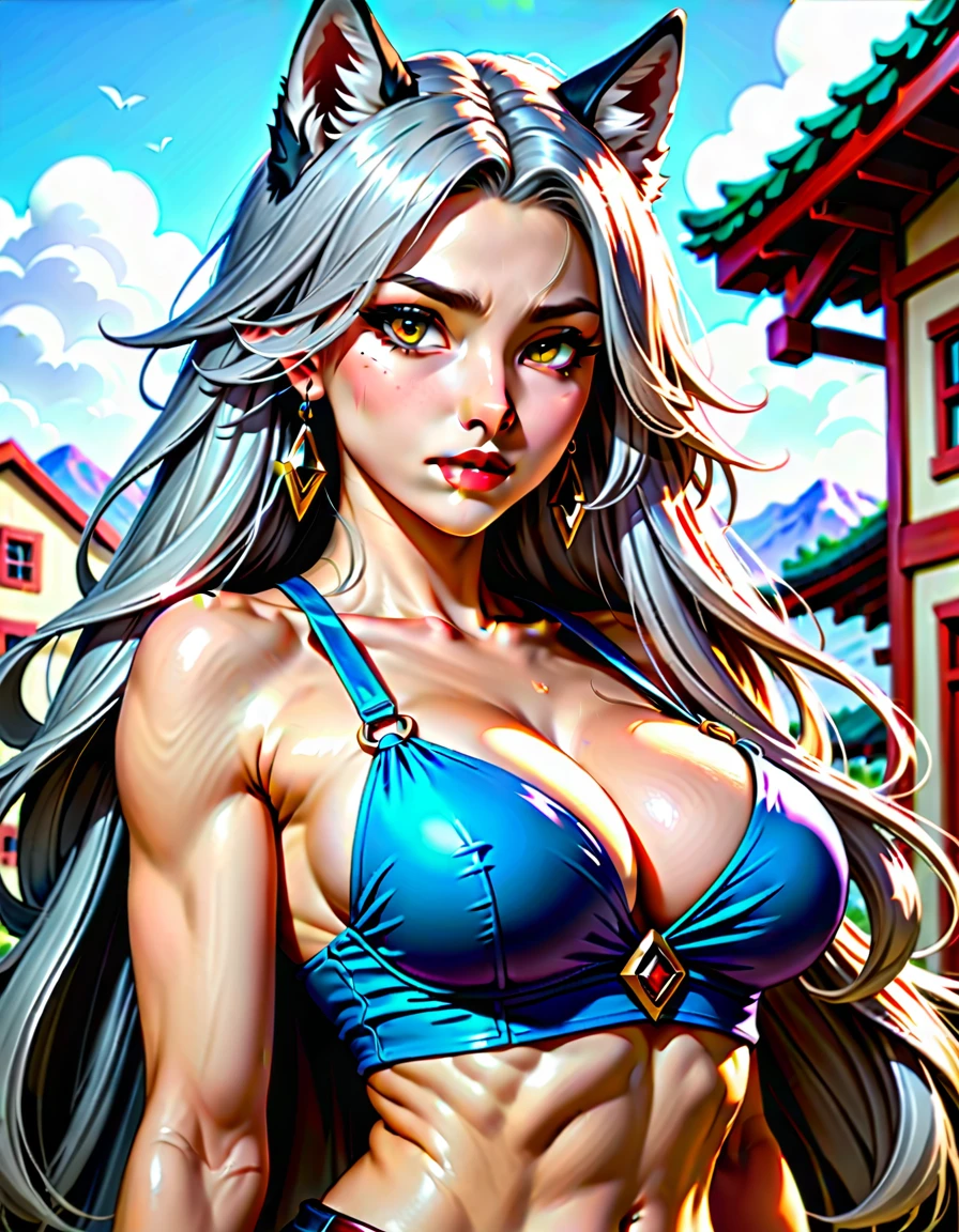 score_9, score_8_top, score_7_top, score_6_top, score_5_top, Cowboy Shot、A human-wolf hybrid girl、(Beautiful detailed wolf face: 1.8)、Long grey hair、Beautiful detailed skin、Slim fit body、Large Breasts、Six Pack Abs、Bunny Girl Costume、Bunny ears、Raise two hands to show armpits、Casino Background、 Detailed eyes、Detailed face、gorgeous、elegant、Impression