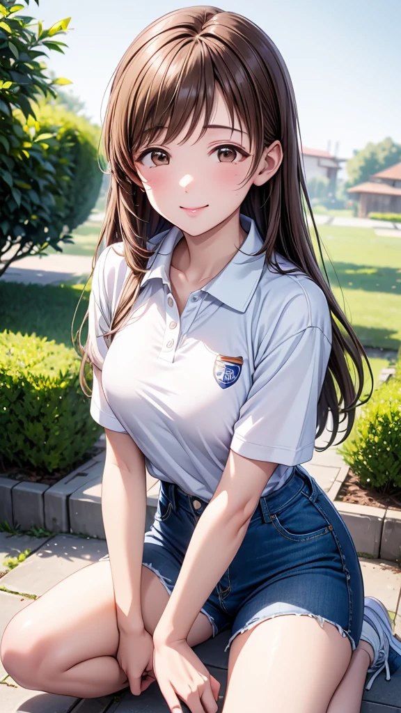 Highest quality、high resolution、High definition、HD、((garden、Squat down on one knee))、(Nitta Minami、Long Hair、Medium chest、Brown Hair、Brown eyes、Glossy lips、Glowing Skin、Realistic skin texture、(White polo shirt、Denim Half Pants、High-top sneakers))、Staring at me、Love me、blush、(Laughing with your mouth open)、(Very close to me)