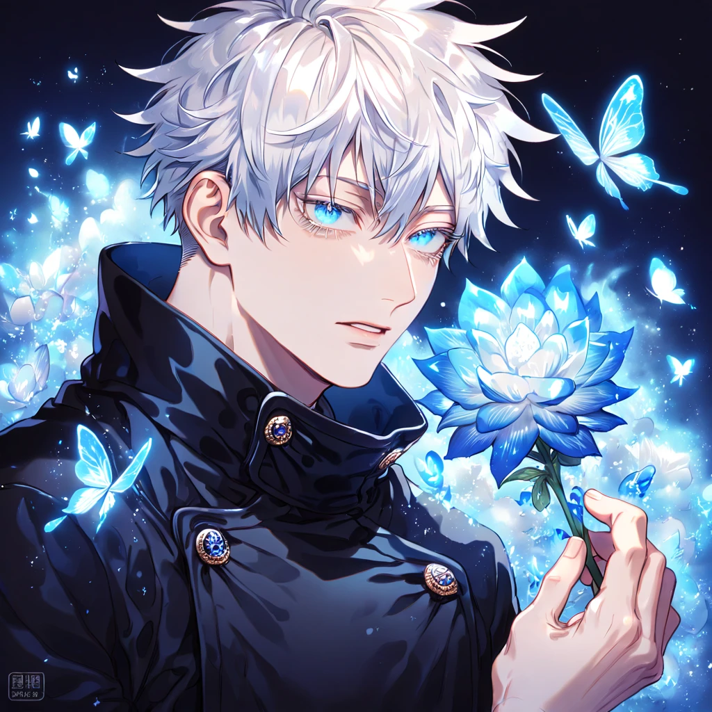absurdres, highres, ultra detailed, HDR, master piece, best quality, extremely detailed face, delicated features, Gojou Satoru, white hair, expressive blue eyes, white eyelashes, Jujutsu Kaisen, solo, sexy man, handsome, black coat, fantasy, magical, blue fire butterflies, fire flowers, blue fire, blue flames, blue shining moon, blue flames in the background