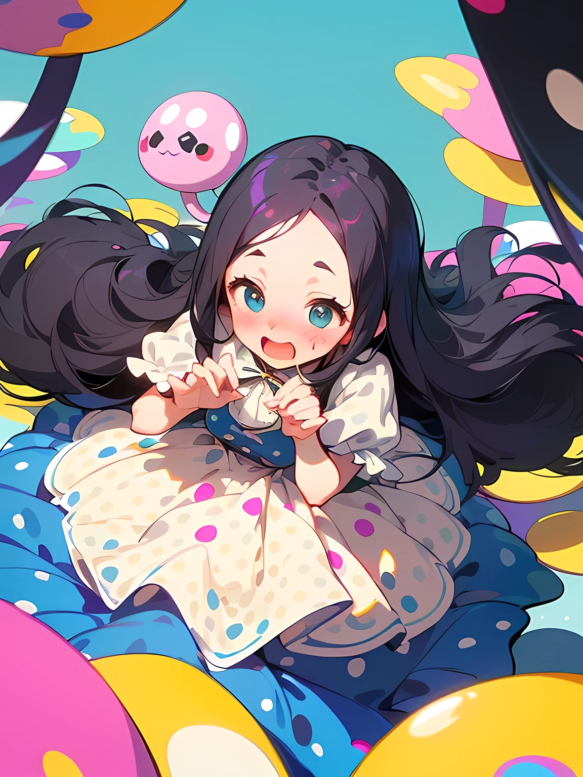 (Alice in Wonderland:1.3),(straight purple wavy hair),big forehead,(A vibrant and lively background:1.2),(Pop and cute black polka dot pattern:1.45)),((You are the main character!:1.2)),((Beautiful images:1.15)),((high quality:1.15)),((Perfect graphics:1.15)),(((girl、Lady:1.2))),Big smile,(blush、Embarrassed laugh:1.25),(white、pink、cream、black、yellow)