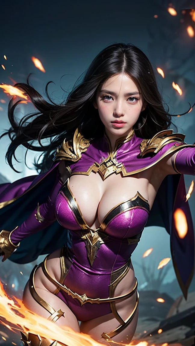Depict Kai'Sa from League of Legends in her Battle Queen skin, dressed in regal,massive k-cups, battle-ready attire with intricate details and a majestic cape. Show her casting her Supercharge ability, enveloping herself in a whirlwind of energy as she gains increased movement speed.