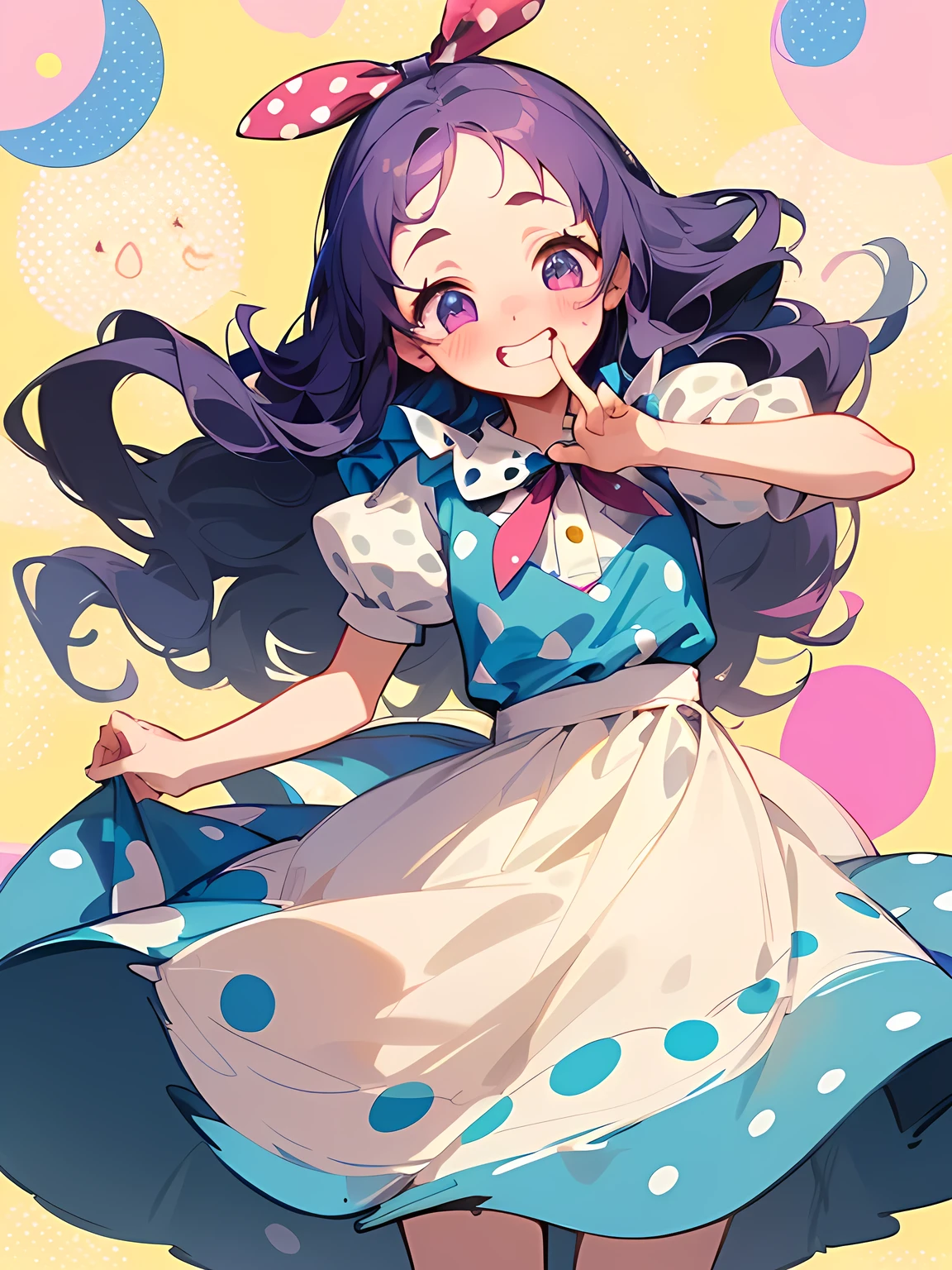 (Alice in Wonderland:1.3),(straight purple wavy hair),big forehead,(A vibrant and lively background:1.2),(Pop and cute black polka dot pattern:1.45)),((You are the main character!:1.2)),((Beautiful images:1.15)),((high quality:1.15)),((Perfect graphics:1.15)),(((girl、Lady:1.2))),Big smile,(blush、Embarrassed laugh:1.25),(white、pink、cream、black、yellow)