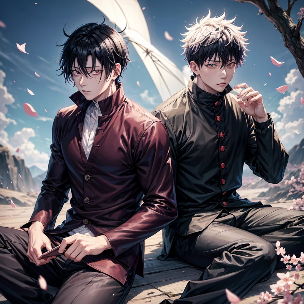 one photo of an anime character (jujutsu KAISEN) named "yuta okkotsu" with black hair, sharp eyes, a "jujutsu kaisen" shirt with buttons on the side, long black Jujutsu kaisen pants, with the effect of flying cherry blossom petals, and raindrops who fell wet, was sitting. along with a realistic rural background.