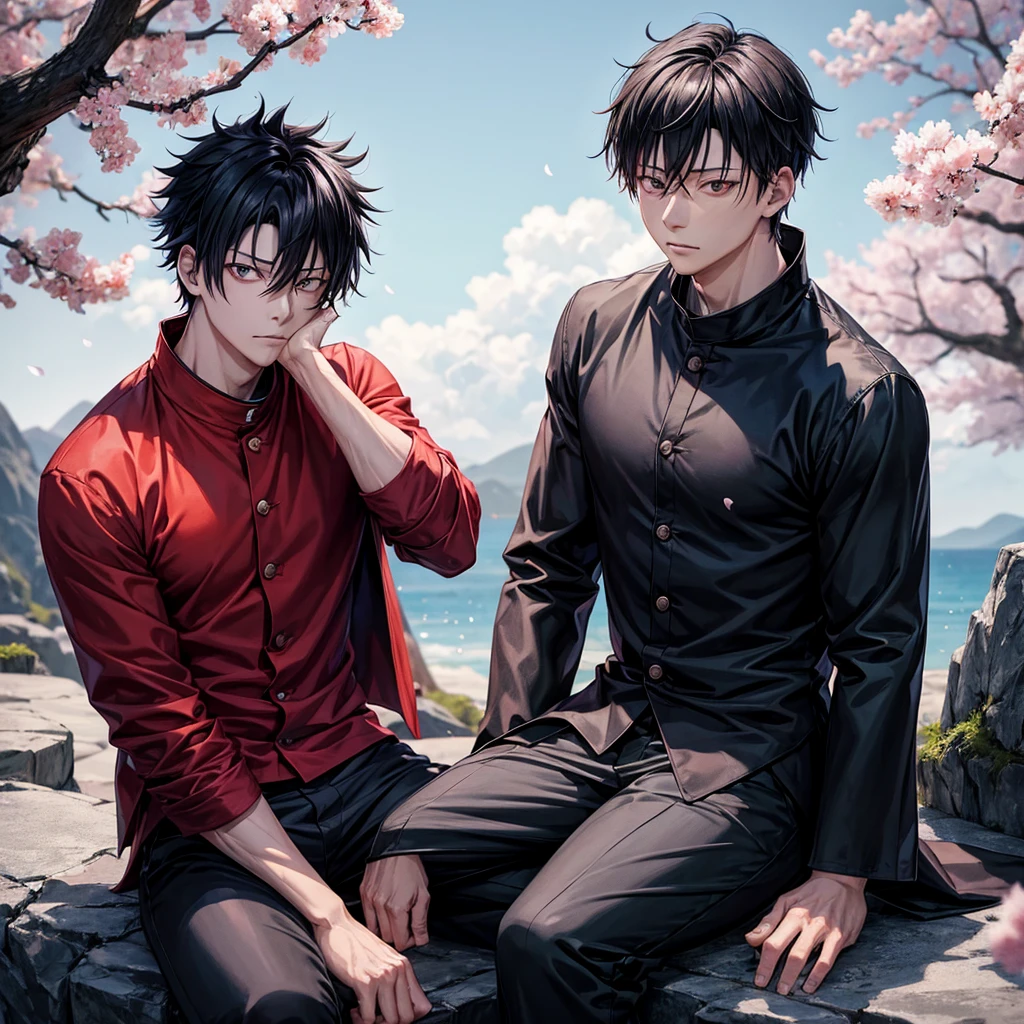 one photo of an anime character (jujutsu KAISEN) named "yuta okkotsu" with black hair, sharp eyes, a "jujutsu kaisen" shirt with buttons on the side, long black Jujutsu kaisen pants, with the effect of flying cherry blossom petals, and raindrops who fell wet, was sitting. along with a realistic rural background.