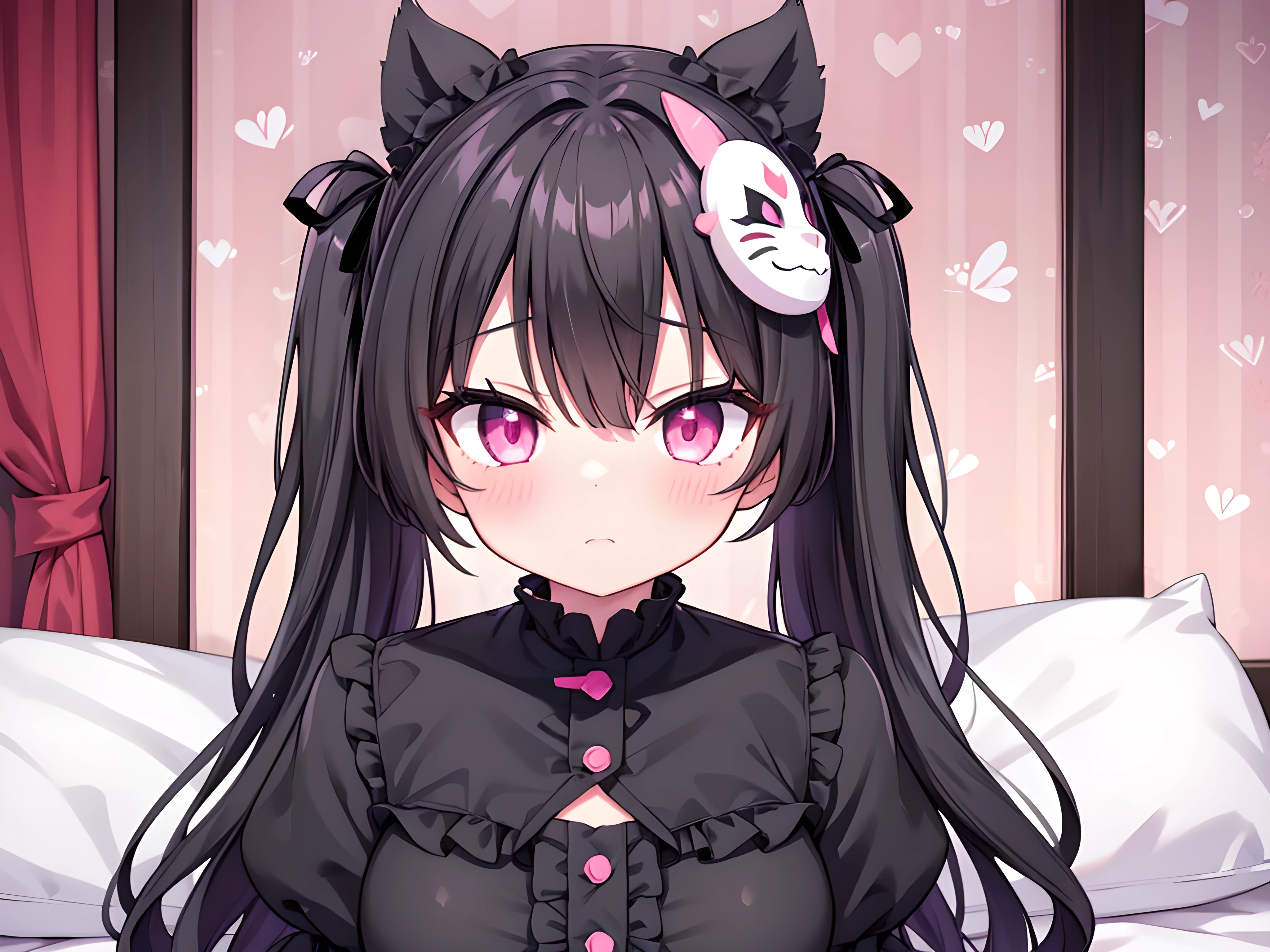 1 girl, black twin tail, pink frill shirt, black ribbon, jirai kei, her eyes were blinded black mouth mask:1.5,
break, fellatio:1.6, pov, upper body,
background(love hotel bed room),
hyper detail, 8k cg wallpaper,