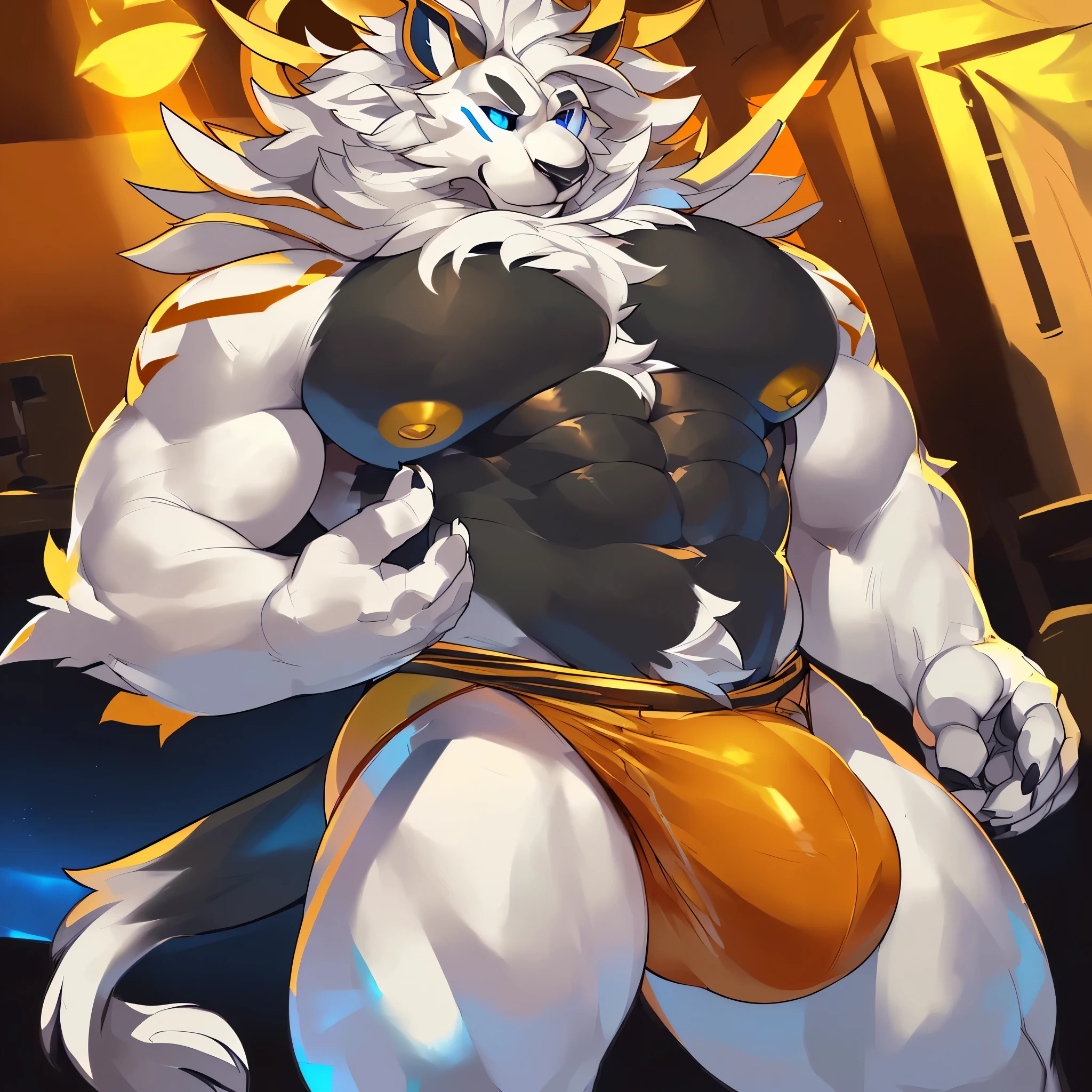 Solo, Anthro, male (((solgaleo, lion, blue sclera, muscular, big pecs, abs, yellow nipples, white fur, black body, black nose, multicolored body, multicolored fur, multicolored mane, white mane, mane, grey pecs, black chest, black abdomen, white arms, white legs, 5 fingers, tail, white tail, yellow tipped tail, markings, orange tipped mane, orange speedo, big bulge))) standing, pokemorph, biped ((focus grey abdomen, focus solgaleo, focus grey chest)) full body, perfect anatomy, by darkgem, by mystikfox61, by glitter trap boy