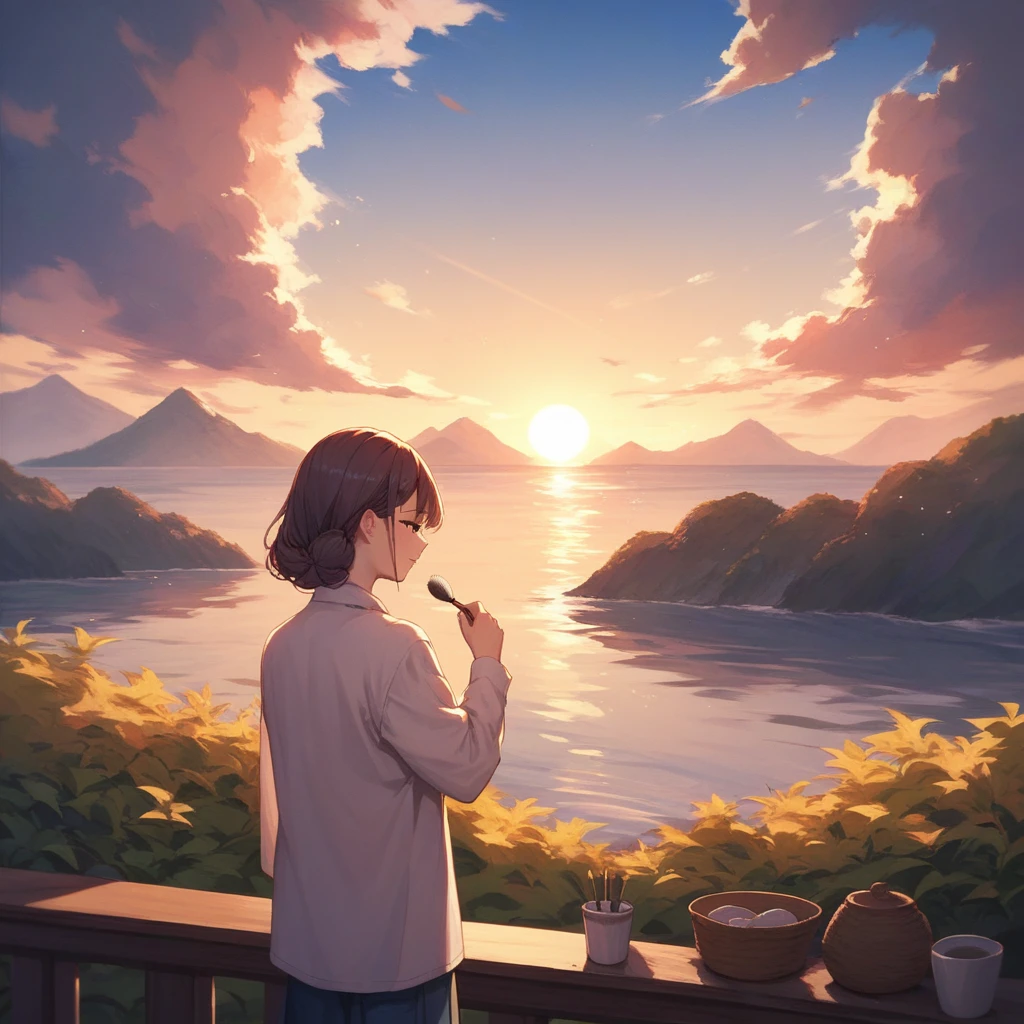 airbrush painting of a nice view, sunrise, anime style