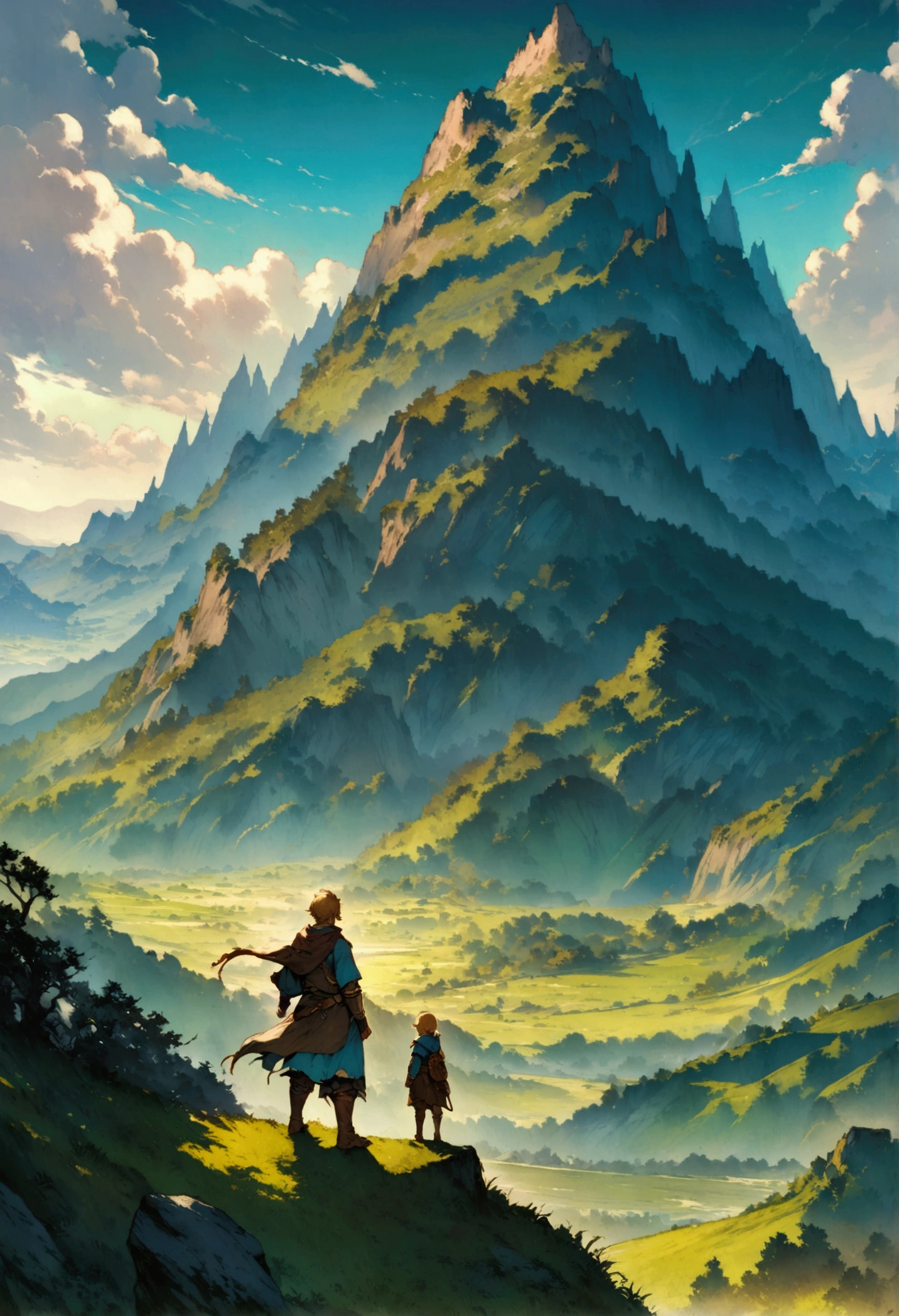 A painting,A boy standing on a hill looking out over the valley, Zelda, Game cover art, Epic full-color illustrations, Fantasy RPG book illustrations, official art works