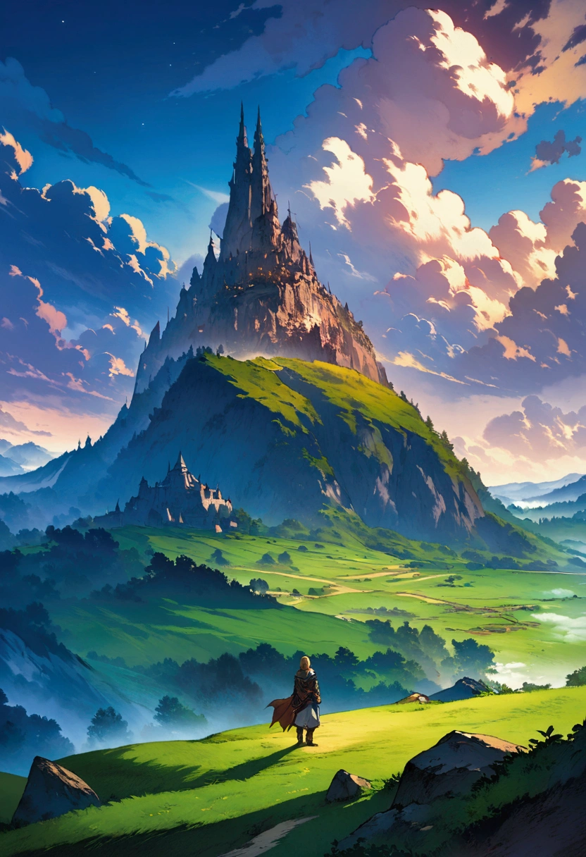 A painting,A boy standing on a hill looking out over the valley, Zelda, Game cover art, Epic full-color illustrations, Fantasy RPG book illustrations, official art works