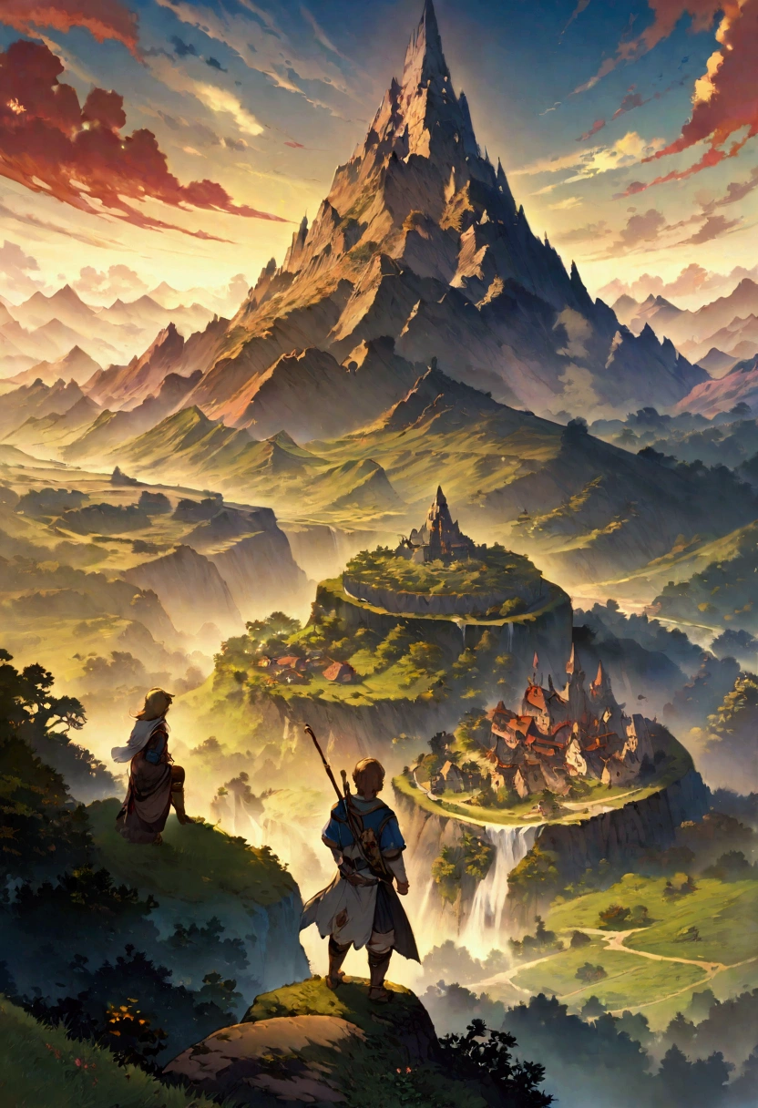 A painting,A boy standing on a hill looking out over the valley, Zelda, Game cover art, Epic full-color illustrations, Fantasy RPG book illustrations, official art works
