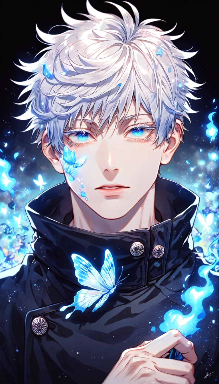 absurdres, highres, ultra detailed, HDR, master piece, best quality, extremely detailed face, delicated features, Gojou Satoru, white hair, expressive blue eyes, white eyelashes, Jujutsu Kaisen, solo, sexy man, handsome, black coat, fantasy, magical, blue fire butterflies, fire flowers, blue fire, blue flames, blue shining moon, blue flames in the background