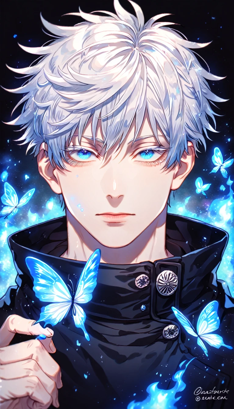 absurdres, highres, ultra detailed, HDR, master piece, best quality, extremely detailed face, delicated features, Gojou Satoru, white hair, expressive blue eyes, white eyelashes, Jujutsu Kaisen, solo, sexy man, handsome, black coat, fantasy, magical, blue fire butterflies, fire flowers, blue fire, blue flames, blue shining moon, blue flames in the background
