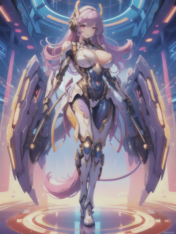 A smile. A full-body picture. A dynamic pose. Cyborg girl. A human girl with a human head. Very long twin-tailed hair that flutters in the wind. Cyber suit with organic design. She wears a futuristic headset. The center of her chest is round and issued. She has a broad waist, large breasts, and thick thighs. Rays of light run all over his body. He carries a large weapon on his back. It has a long, thin tail. His whole body is pale blue with red and gold coloring. He is in a spaceship. Anime face, Japanimation style.