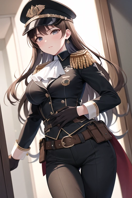 masterpiece, best quality, highres, aanitta, long hair, (black peaked cap), earrings, big breasts, muscular body, military uniform, epaulettes, badges, (black shirt:1.2), (bulletproof vest), ascot, black sleeves, long sleeves, (black pants), utility belt, (belt pouches), cargo pants, (gloves), cowboy shot, standing, light smile, facing the viewer, looking at the viewer, indoors, against wall