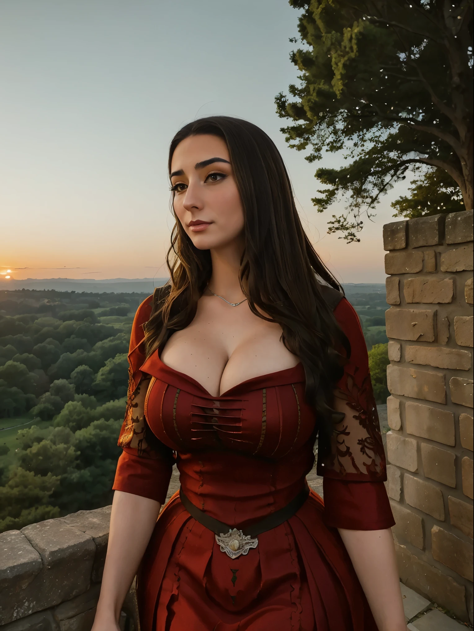 Beautiful and regal, imperious and aloof, busty athletic (thin) brunette queen with sharp facial features wearing a modest updo, dark red medieval dress, long sleeves, intricate patterns, embroidery, wide neck, crown, veil, long dress, modest dress, tight bodice, silver (waist chain), medieval jewelry, Middle Ages, castle, rampart, wall, exterior, on top of a castle wall, trees, countryside, evening, sunset.
