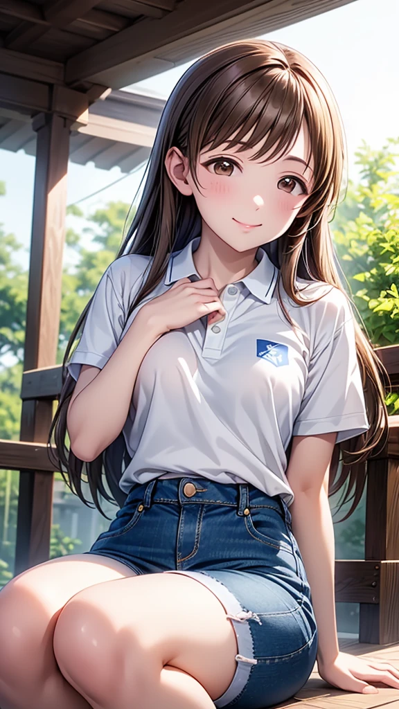 Highest quality、high resolution、High definition、HD、((garden、Squat down on one knee))、(Nitta Minami、Long Hair、Medium chest、Brown Hair、Brown eyes、Glossy lips、Glowing Skin、Realistic skin texture、(plain white polo shirt、Denim Half Pants、Thighs、High-top sneakers))、Staring at me、Love me、blush、(Laughing with your mouth open)、(Very close to me)