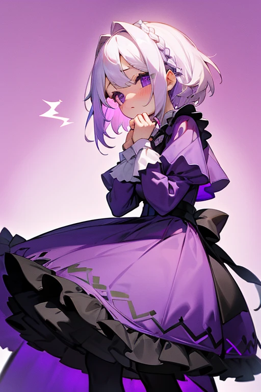 Short white hair, blush, Headbang 2.、cute、Beautiful woman、Stylish Gothic Lolita、Purple clothes、、Braiding、Background London、