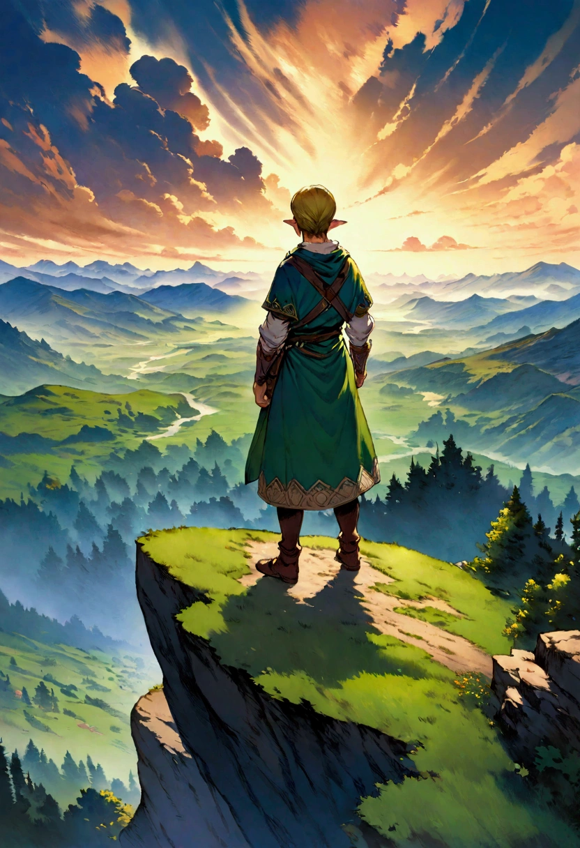 A painting，A boy standing on a hill looking out over the valley, Zelda, Game cover art, Epic full-color illustrations, Fantasy RPG book illustrations, official art works