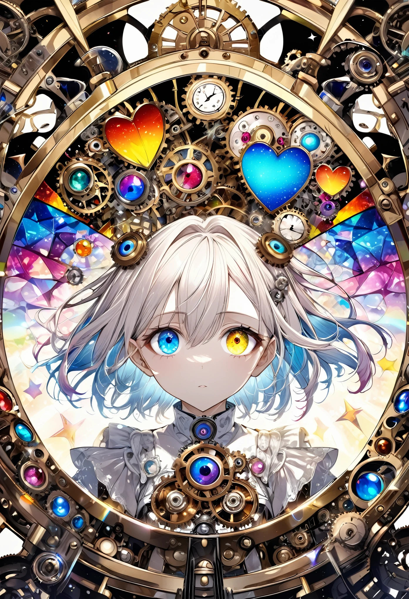 Highest quality, Super Fine, 16K, Incredibly absurd, Very detailed, delicate and dynamic, A stained glass kaleidoscope made of gemstones of different colors, With mechanical mechanism, Clockwork mechanics, and gear mechanism, A monochrome girl peering into it, (Heterochromia iridis, Star-shaped pupil, Heart-shaped pupils), Lighting Effects, Prism Effect, Mirror Effect, Rainbow World Artwork 、fractal、Tyndall、