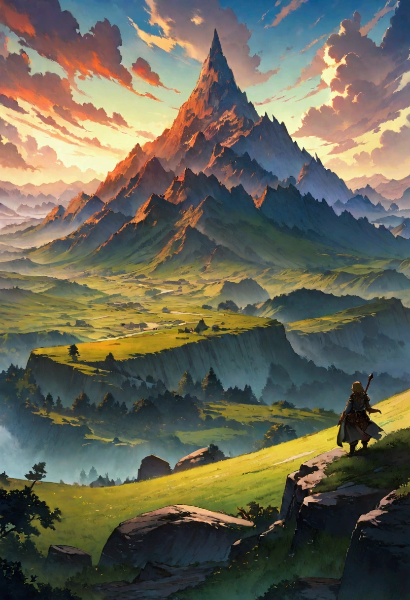 A painting,A boy standing on a hill looking out over the valley, Zelda, Game cover art, Epic full-color illustrations, Fantasy RPG book illustrations, official art works
