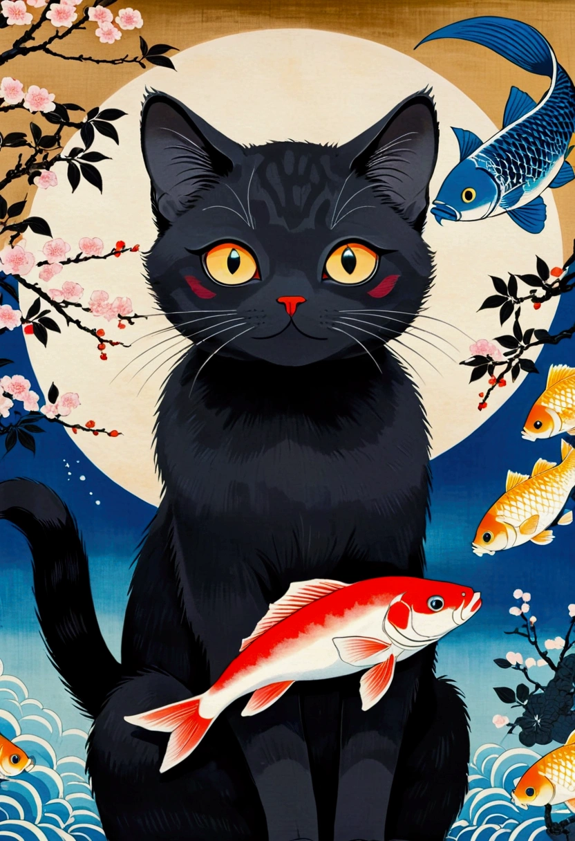 There is a black cat，Holding a fish in the claws, author：Tomioka Tessai, Inspired by Utagawa Kunimasa, author：Yukika Kosaka, author：Sugimura Jihei, author：Yi Yinwen, author：Nakahara Nantenbo, Inspired by Utagawa Kuniyoshi, author：Kose Kanaoka