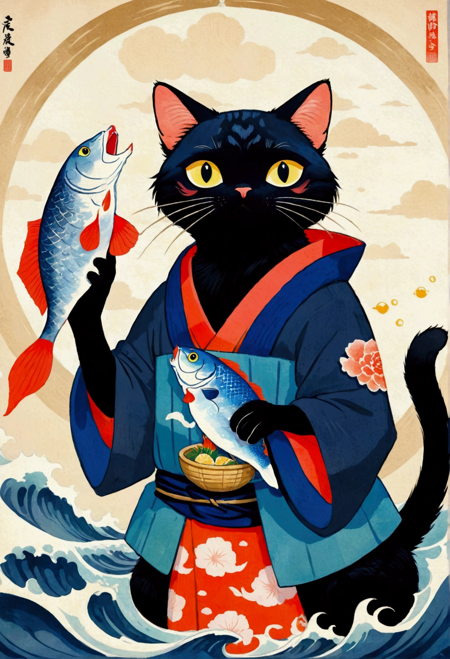 There is a black cat，Holding a fish in the claws, Illustration by Tessai Tomioka, Pixiv competition winner, Ukiyo-e, Miyazaki&#39;s style, Illustration of a cat, diego rivera in Ukiyo-e style, Anthropomorphic cat, Dressed fisherman 🧥