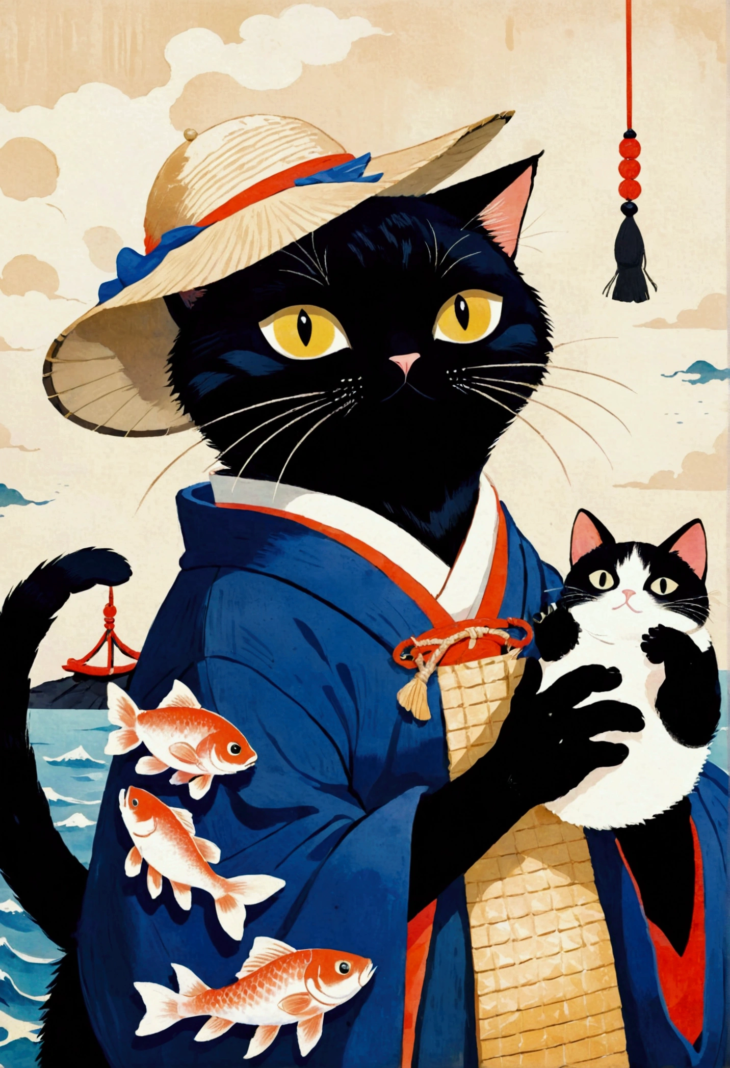 There is a black cat，Holding a fish in the claws, Illustration by Tessai Tomioka, Pixiv competition winner, Ukiyo-e, Miyazaki&#39;s style, Illustration of a cat, diego rivera in Ukiyo-e style, Anthropomorphic cat, Dressed fisherman 🧥