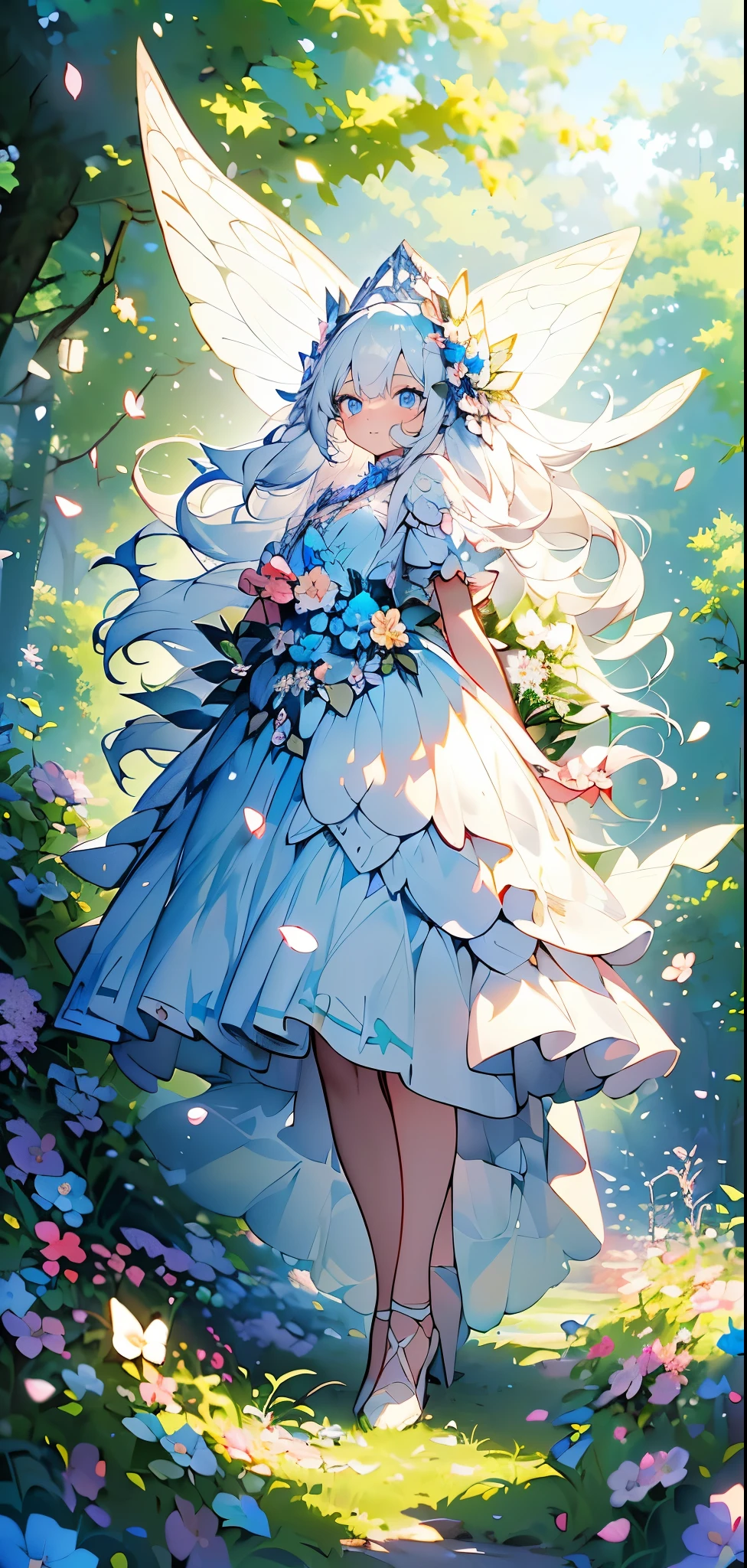 (Mastepiece), (Best Quality), Very detailed, 1 girl, (Solo full body shot:1.4), Perfect Face, beautiful girl, Very detailedな顔，(Long white hair:1.5)，(blue eyes:1.4)，(Lots of butterflies々:1.2)、(forest、Flower Field:1.4)、(Lots of petals:1.3)、(gem:1.3)、(smile:1.3)、Fairy、