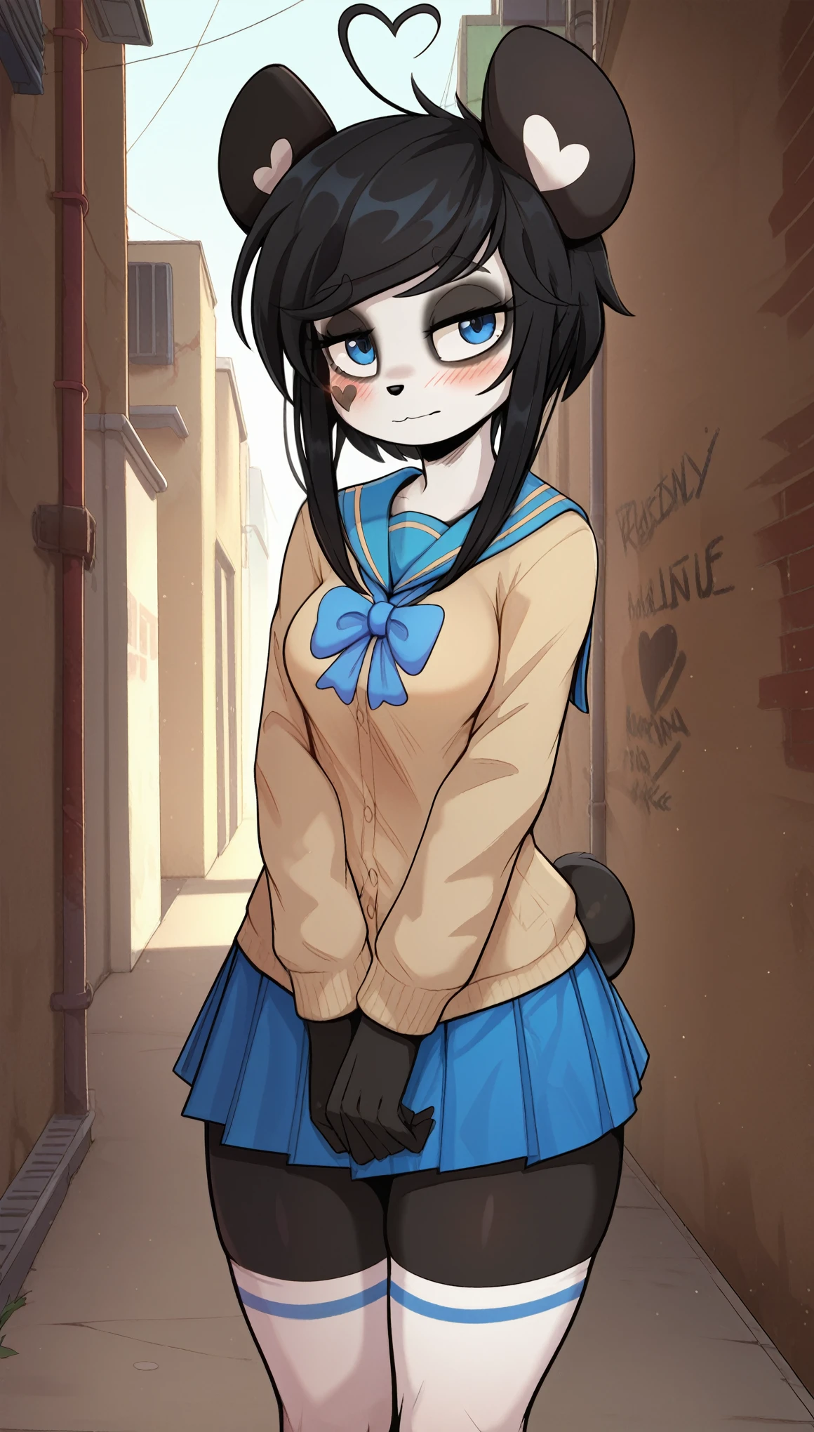 masterpiece, best quality, shy expression, embarrassed, 1girl, anthro, furry, fur, fluffy fur, kenny \(kenashcorp\), (panda, panda girl), furry, panda ears, animal nose, black fur, white fur, eyes makeup, black eyes, panda tail, heart ahoge, cheek heart, black arms, black legs, black hair, medium hair, blue eyes, half-closed eyes, medium breasts, thick thighs, solo, (alley), detailed, (school uniform, blue skirt, white thighhighs), blush, score_9, score_8_up, score_7_up, score_6_up, score_5_up, score_4_up