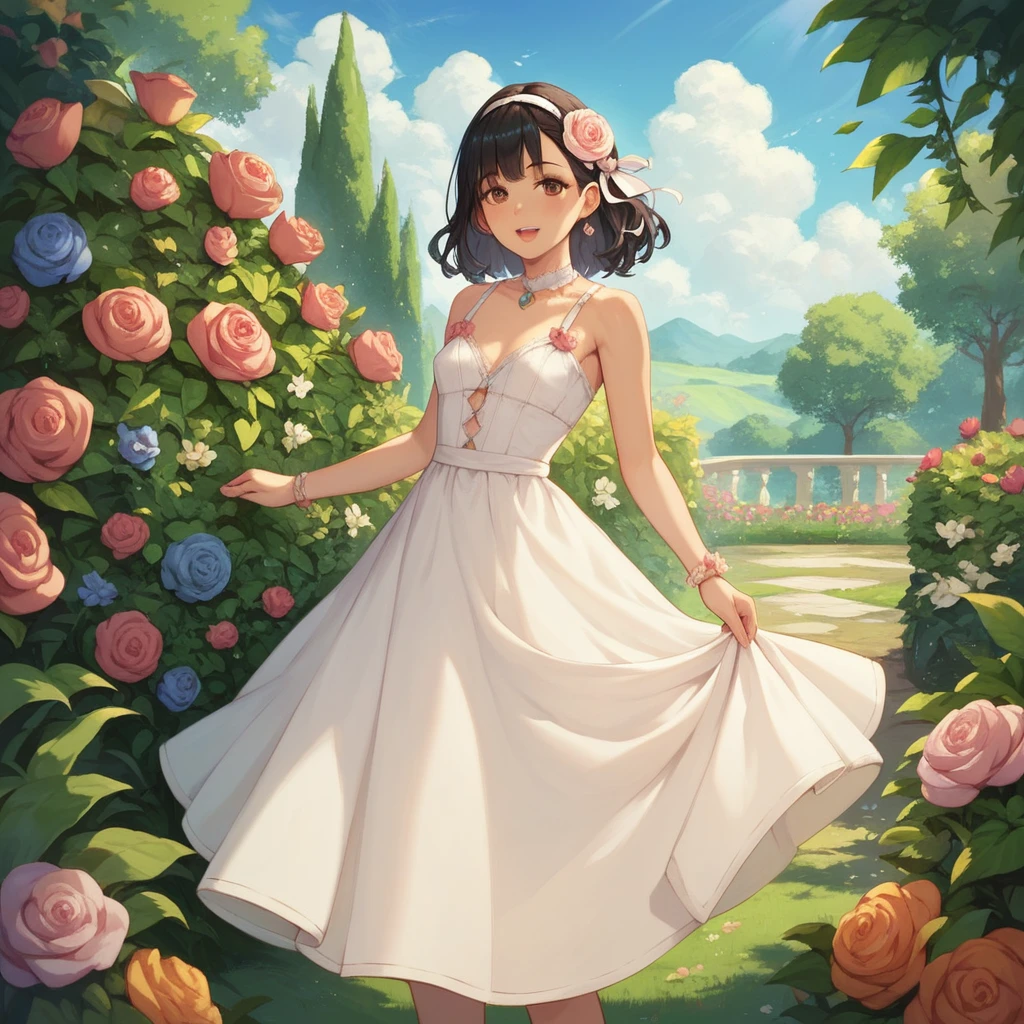 paiting style of a lovely lady, fully detailed, shoulder length black hair, brown eyes, small breast, white long dress, standing, flower garden,