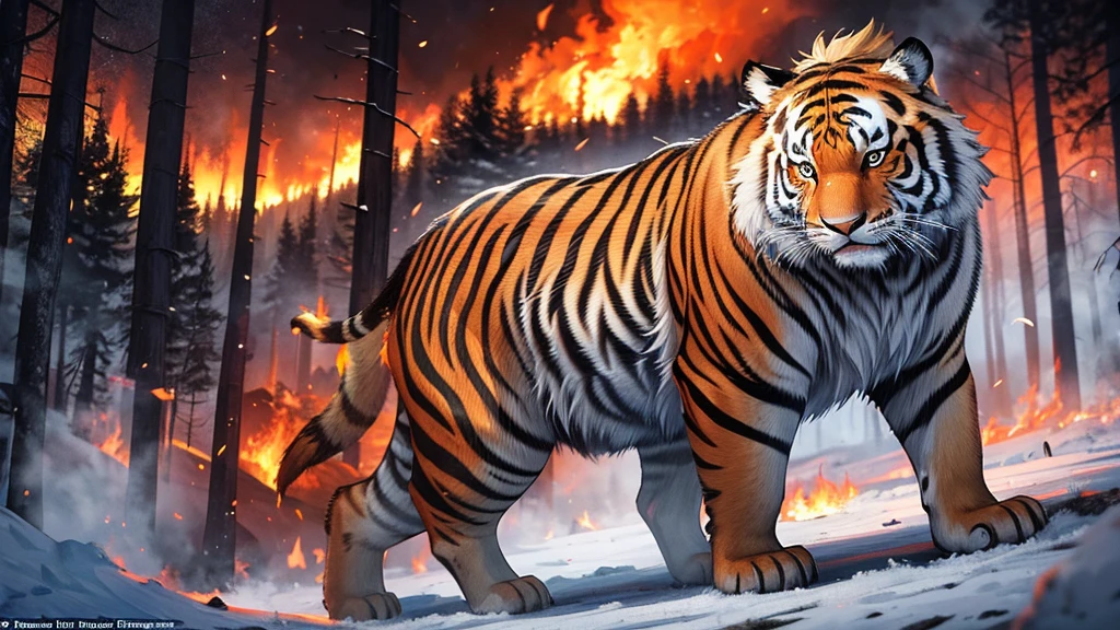 A vast Siberian taiga forest with thick smoke and flames from an active wildfire. Show the destruction with charred trees and scattered embers. Include animals like Siberian tigers or elk fleeing the burning forest