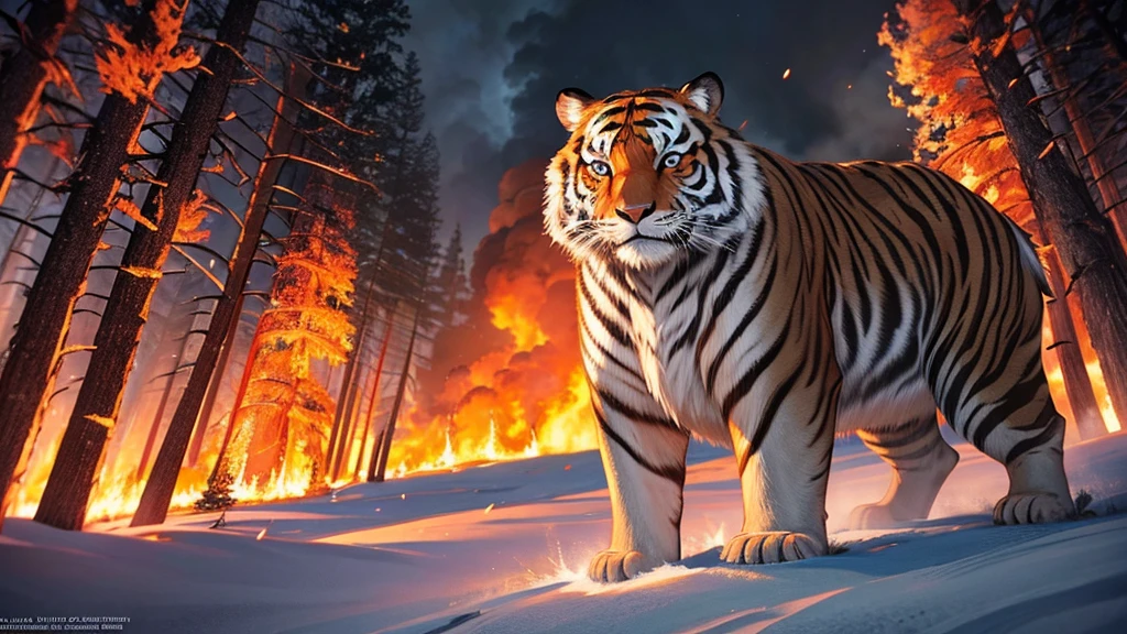 A vast Siberian taiga forest with thick smoke and flames from an active wildfire. Show the destruction with charred trees and scattered embers. Include animals like Siberian tigers or elk fleeing the burning forest