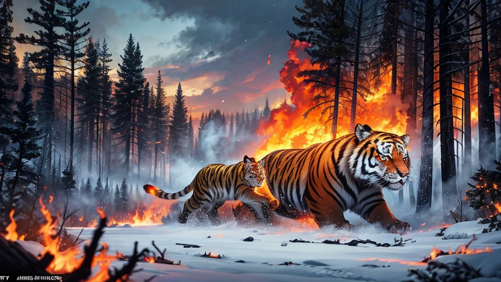 A vast Siberian taiga forest with thick smoke and flames from an active wildfire. Show the destruction with charred trees and scattered embers. Include animals like Siberian tigers or elk fleeing the burning forest