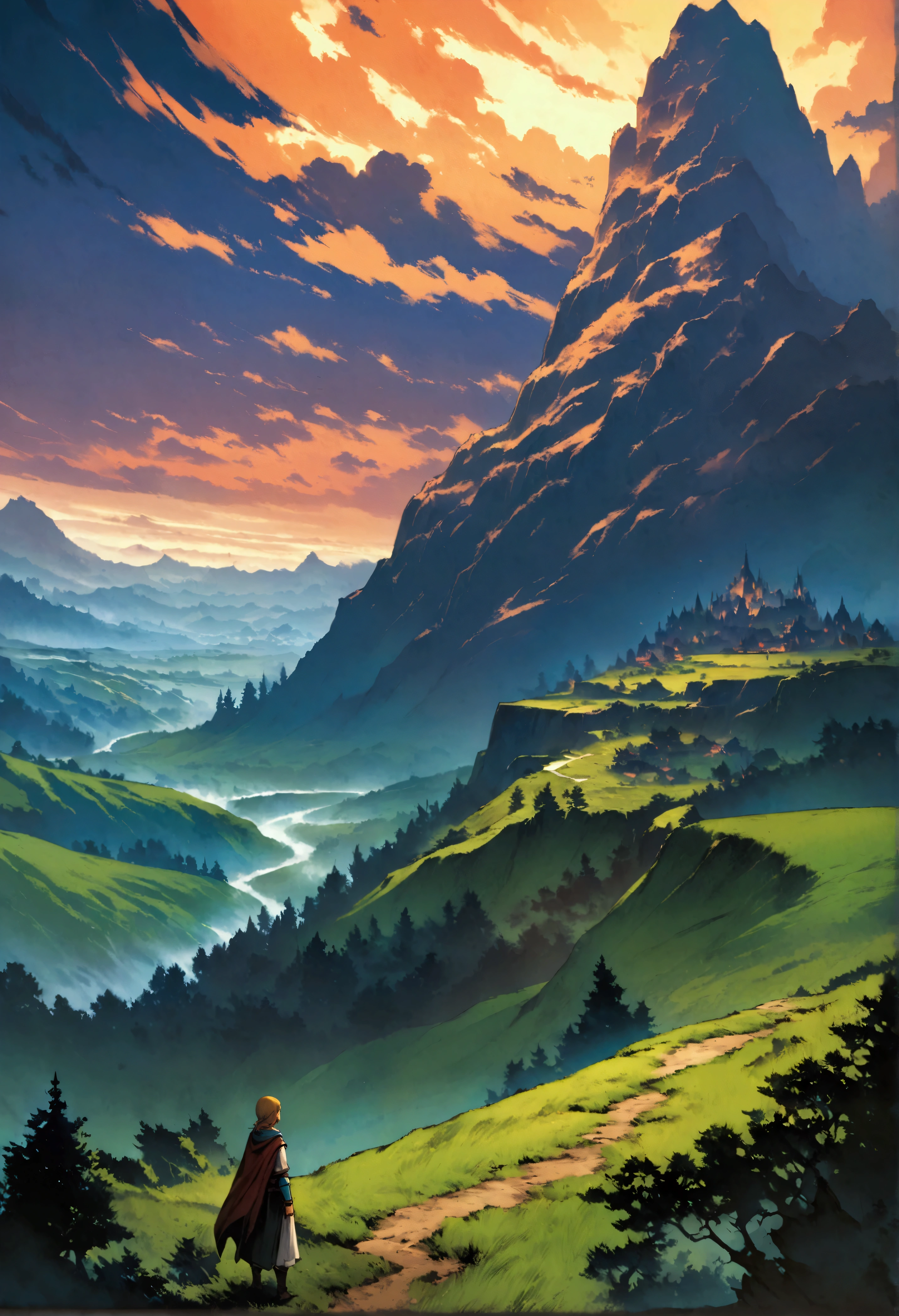 A painting，A boy standing on a hill looking out over the valley, Zelda, Game cover art, Epic full-color illustrations, Fantasy RPG book illustrations, official art works