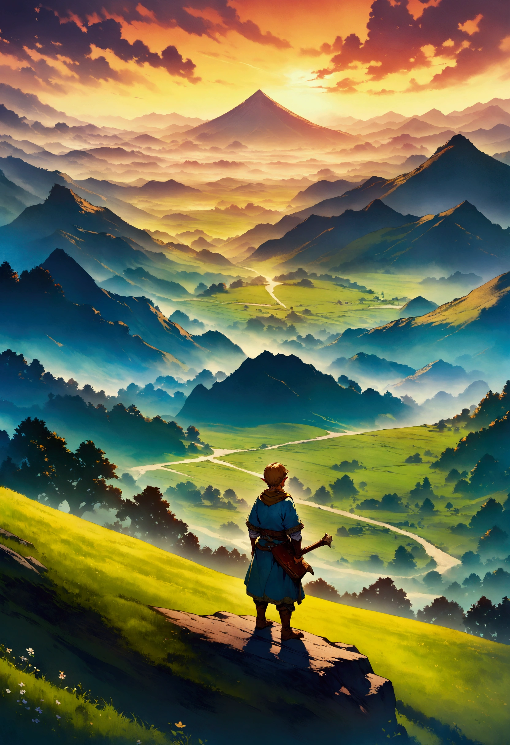A painting,A boy standing on a hill looking out over the valley, Zelda, Game cover art, Epic full-color illustrations, Fantasy RPG book illustrations, official art works