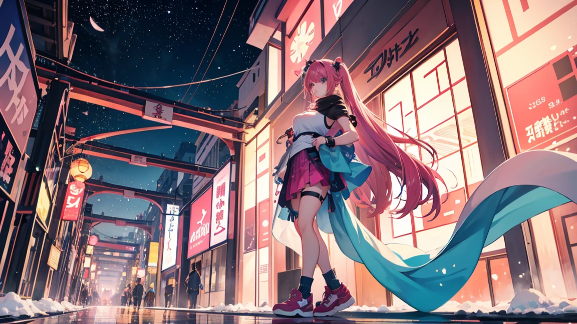 Anime girl aged 25+, Japanese style, her beautiful face. Sparkling blue eyes Beautiful long dark pink hair Wearing sneakers and a sleeveless shirt. Big breasts. Snow falling. while standing in the middle of the city A crowded street, wearing a scarf, pretty fingers, pink lips, a sky full of stars at night. Sharp images at Full HD 8K level, sharp details, beautiful images.